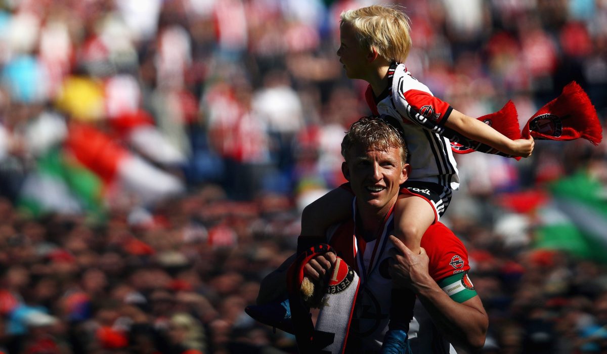 ROTTERDAM, NETHERLANDS - MAY 14:  Captain, Dirk Kuyt of Feyenoord with his son celebrates infront of the fans after winning the Dutch Eredivisie at De Kuip or Stadion Feijenoord on May 14, 2017 in Rotterdam, Netherlands.  (Photo by Dean Mouhtaropoulos/Getty Images)